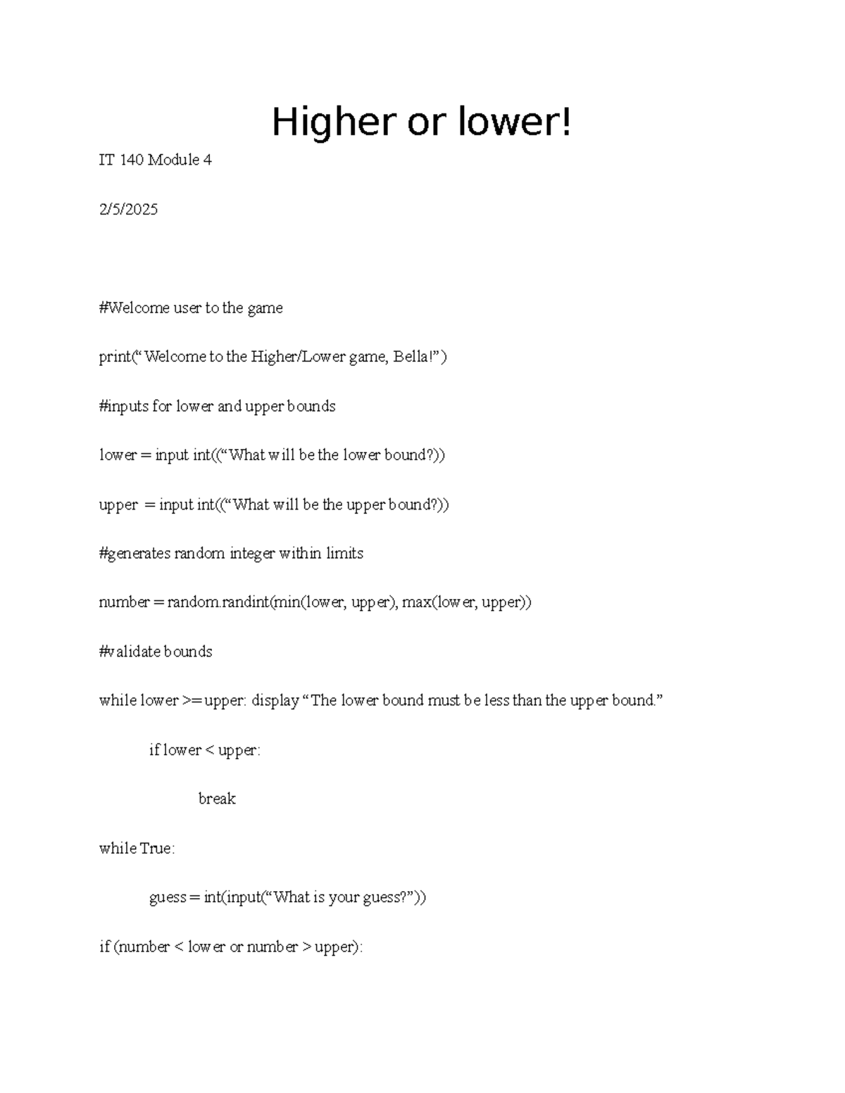 IT 140 Moduel 4-3 - Higher or Lower scripting for the coursework game ...