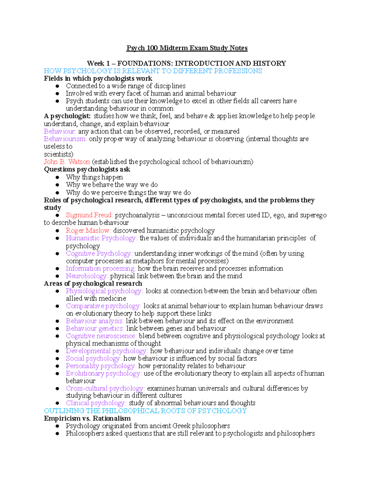 PSYC100 midterm review (weeks 1-6 lecture notes) - Psych 100 Midterm ...