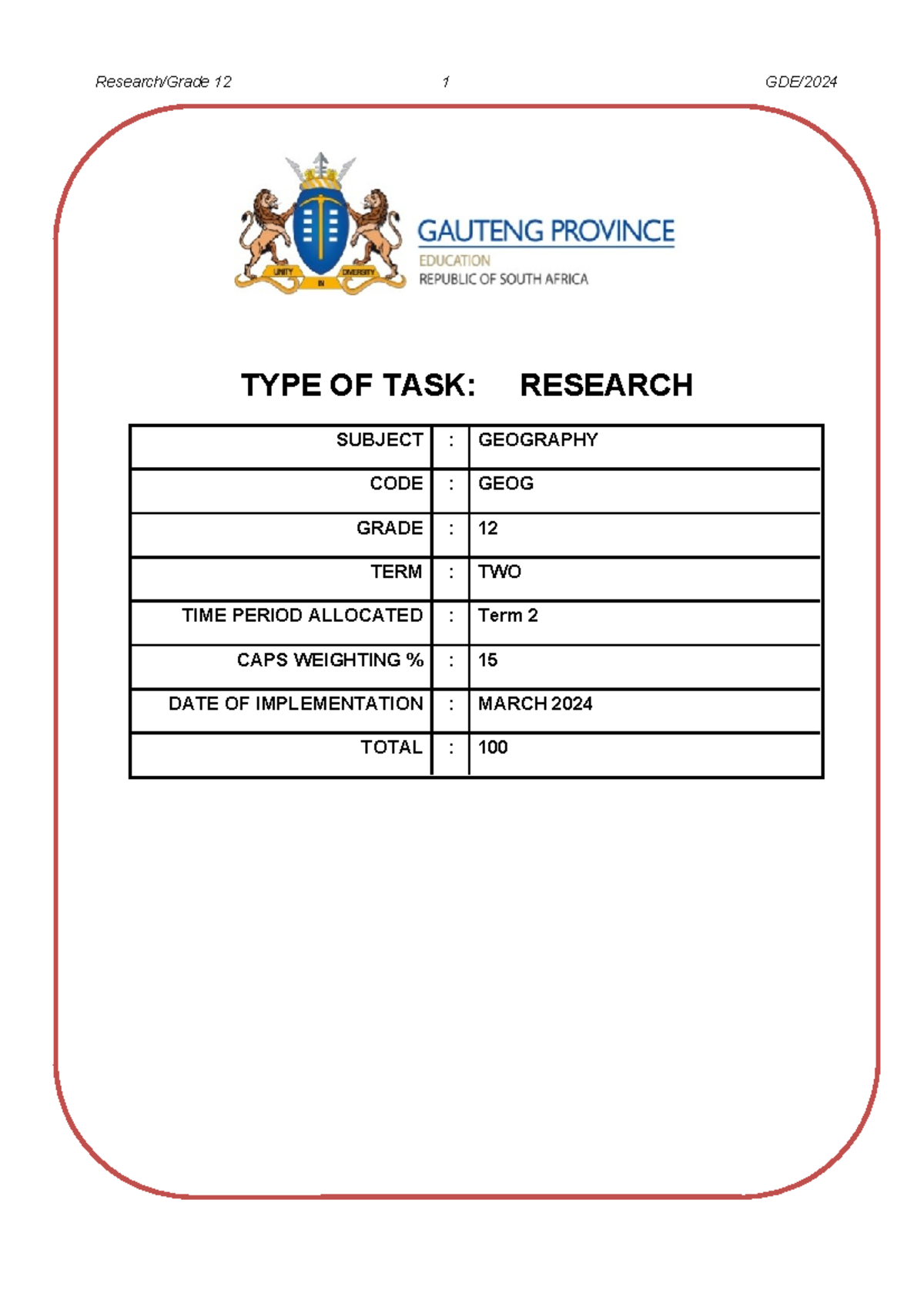 Grade 12 Geography Research Task (GEOG 2024) Guidelines - Studocu