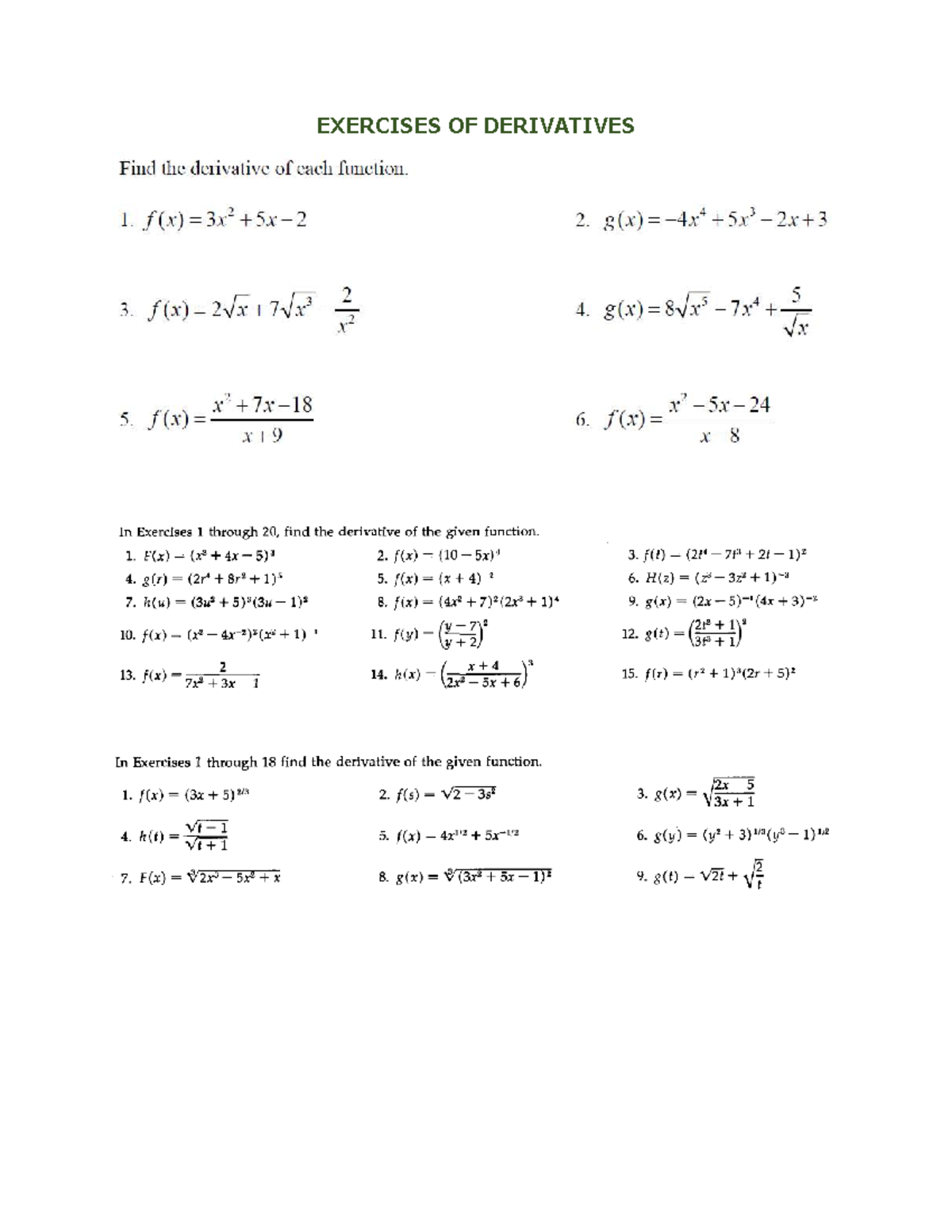 Exercises on Derivatives: Finding the Derivative of Functions - Studocu