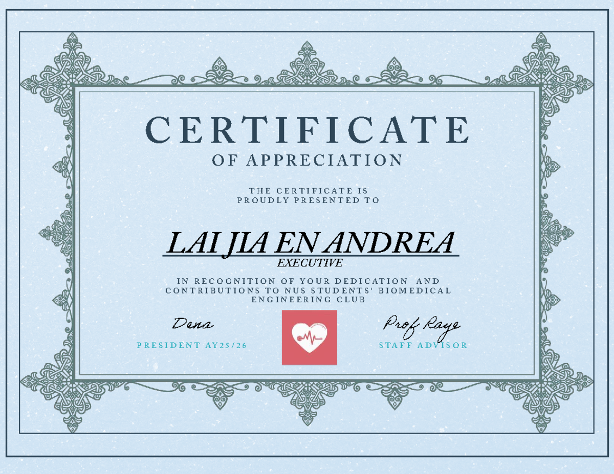 Certificate of Appreciation for Andrea - NUS Biomedical Engineering ...