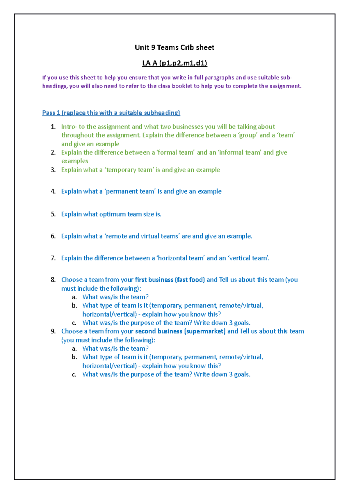 Unit 9 Teams LA A - Comprehensive Crib Sheet for Assignment - Studocu