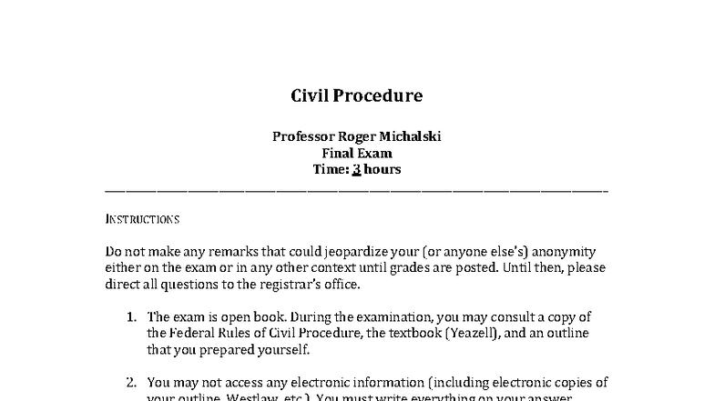 Civil Procedure (CIV 101) Final Exam Guidelines and Questions - Studocu