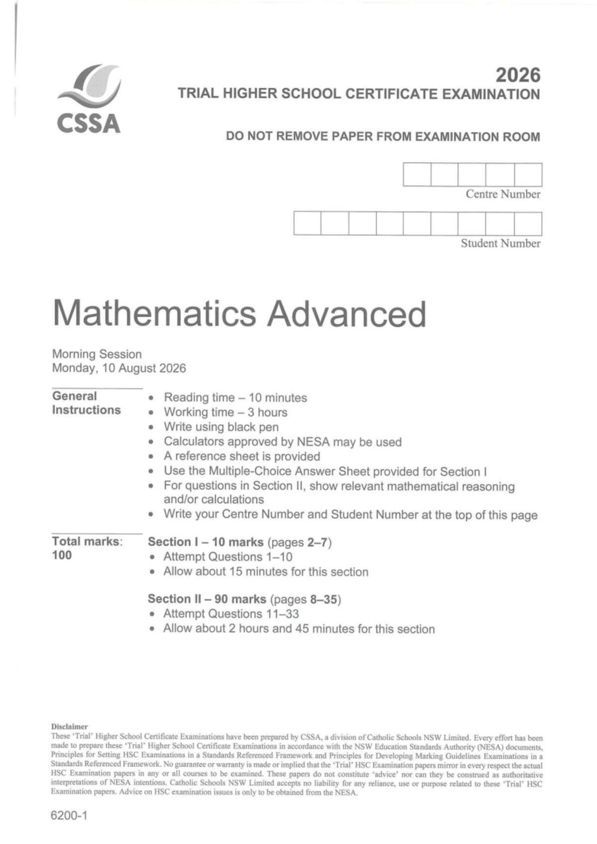 CSSA 2026 Trial HSC Mathematics Advanced Exam Paper - Studocu