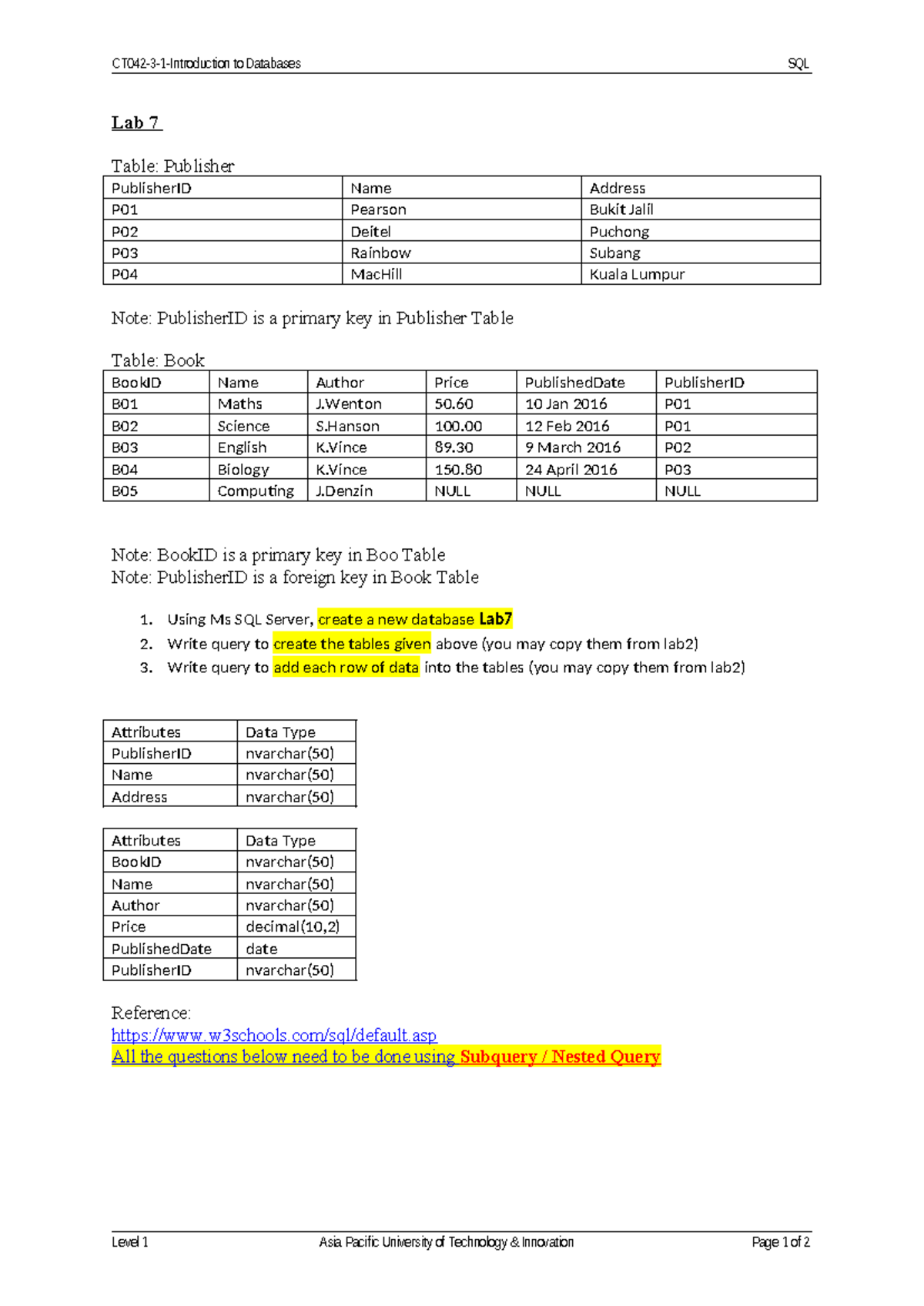 CT042-3-1 Lab 7: SQL Database Creation & Query Exercises - Studocu