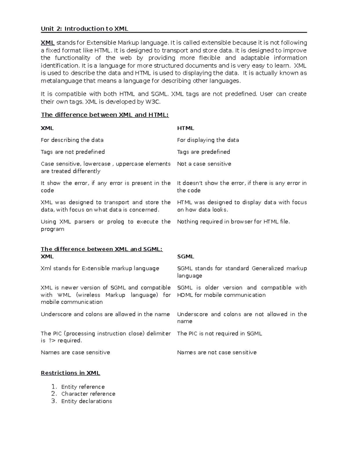 XML Unit 2 Notes: Introduction to Extensible Markup Language - Studocu