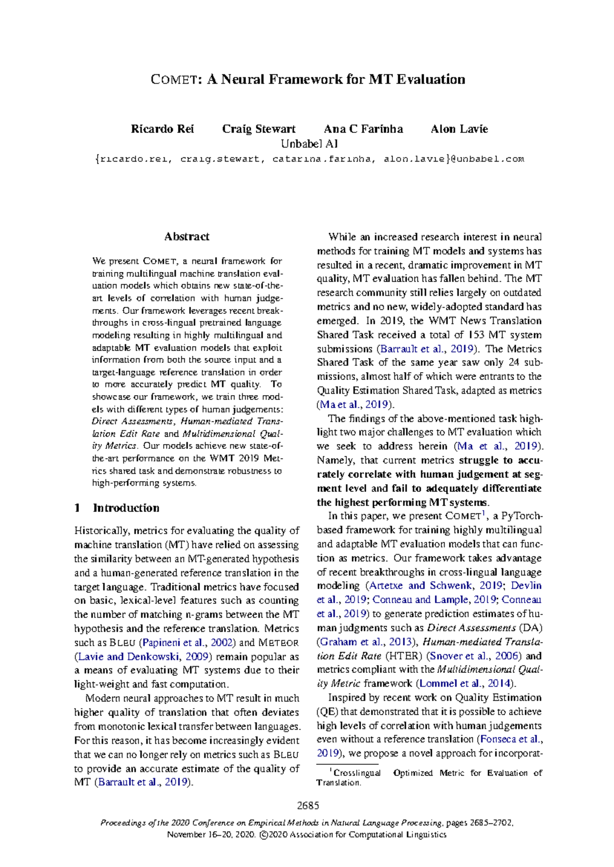 C OMET: A Neural Framework for Multilingual MT Evaluation Models - Studocu
