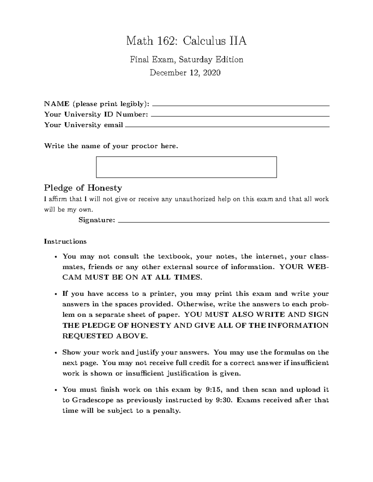 Math 162 final exam (practice problems) - Math 162: Calculus IIA Final ...