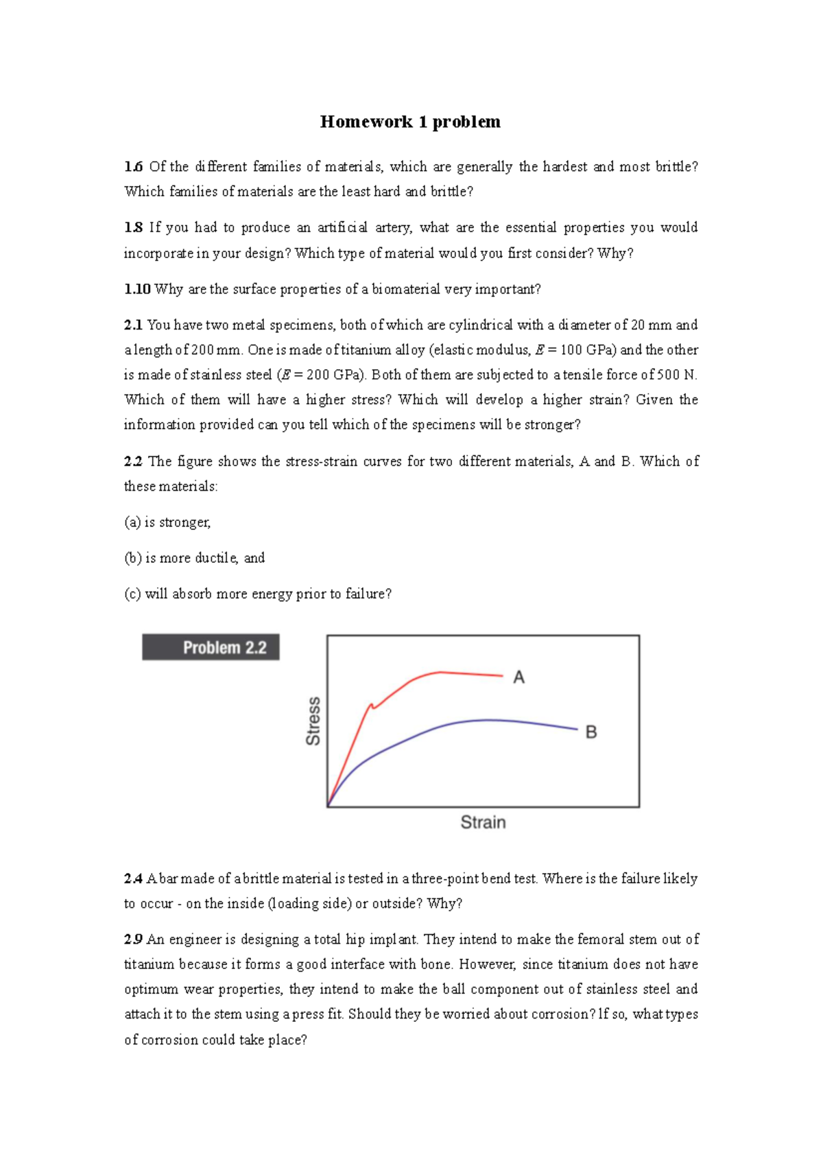 Homework 1 Problem List: Material Properties & Design Considerations ...