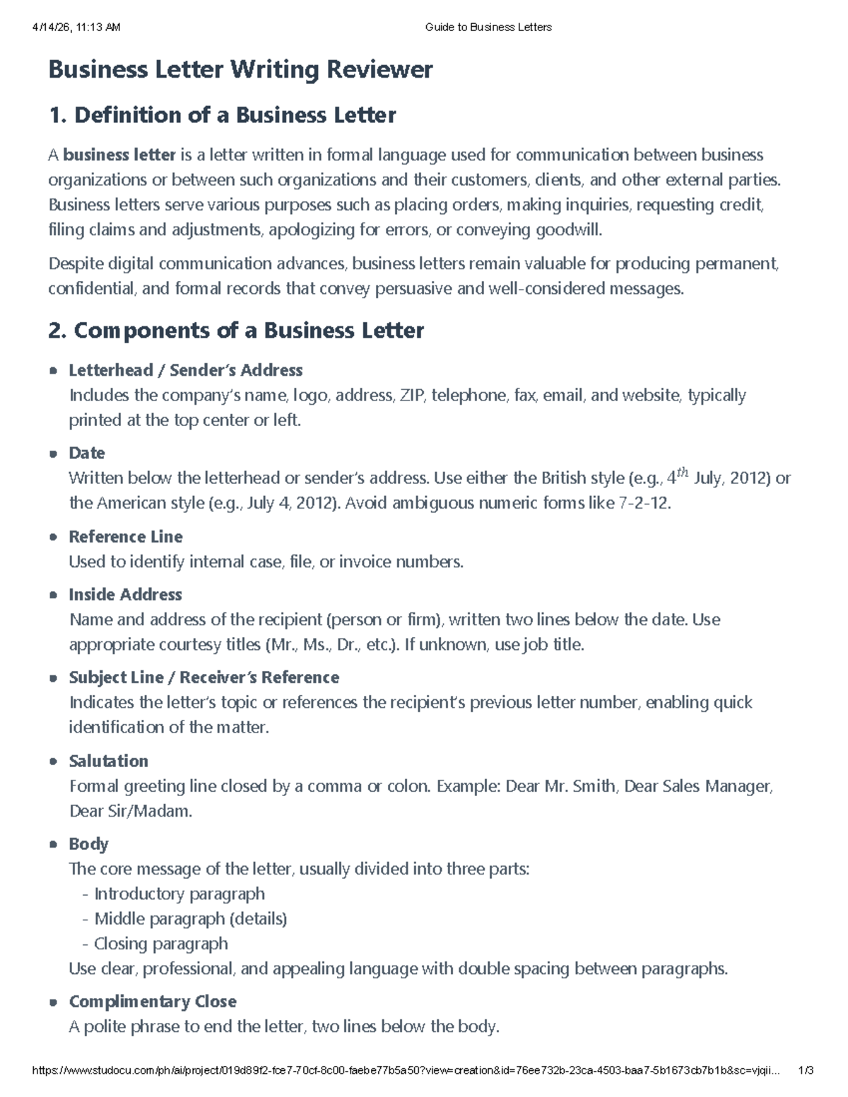 Business Letter Writing Guide - Studocu