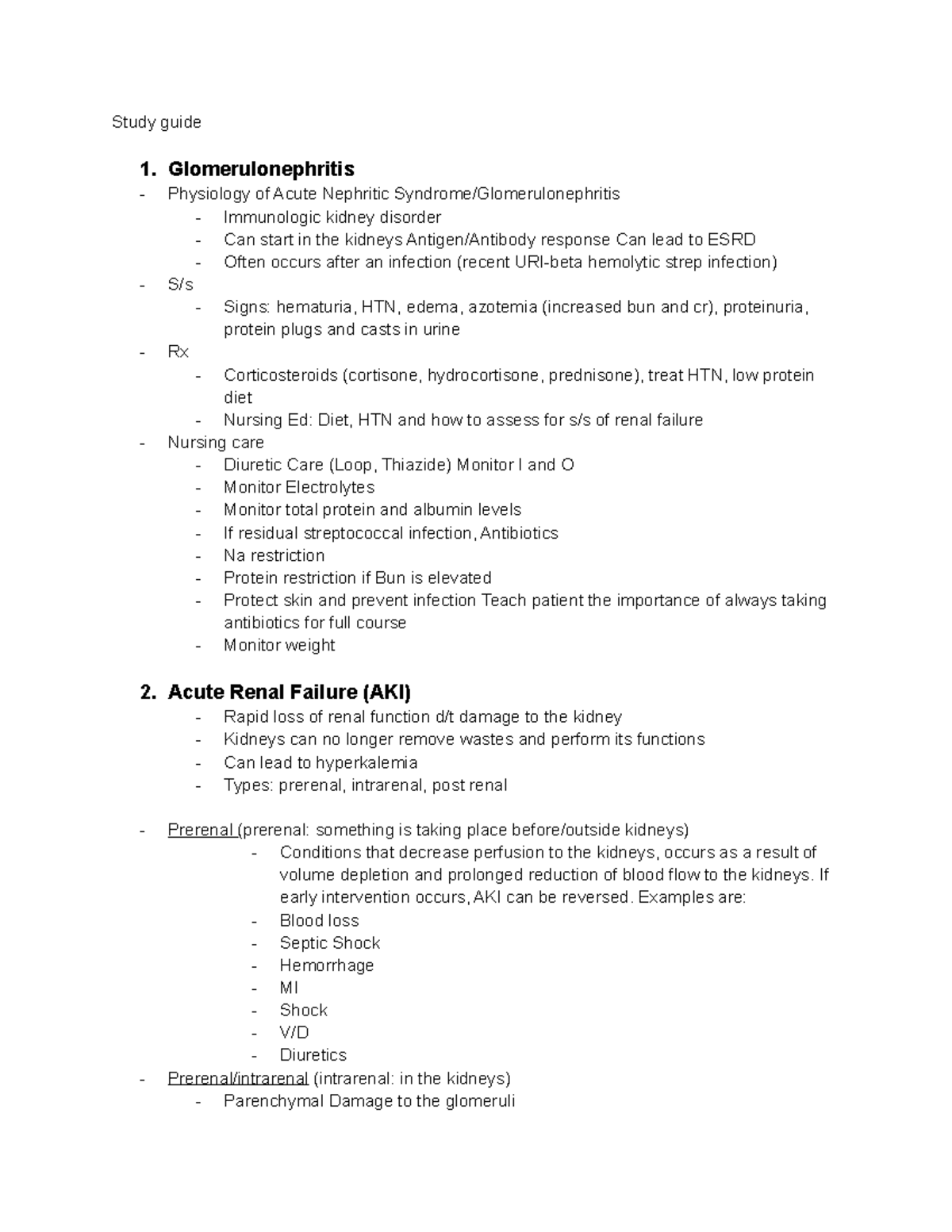 Exam 4325 Study Guide: Glomerulonephritis, AKI, & Renal Disorders - Studocu
