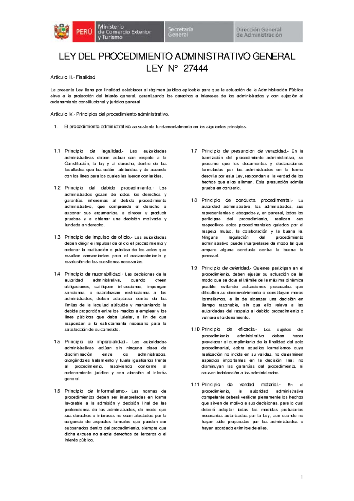 LEY 27444: Derechos Administrativos en el Procedimiento General - Studocu