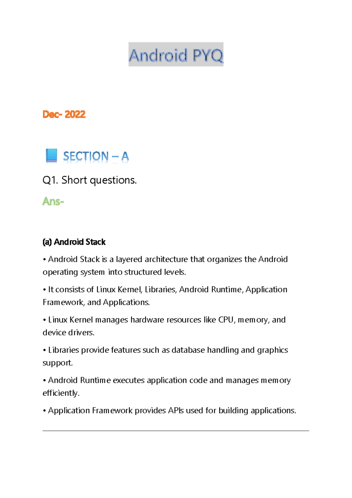 Android PYQ Notes: Short Questions and Key Concepts - Studocu