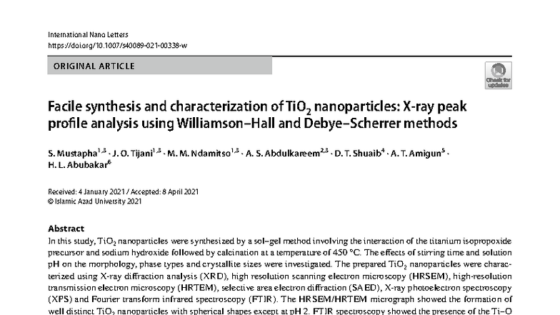 Facile Synthesis and Characterization of TiO2 Nanoparticles: A Study on ...