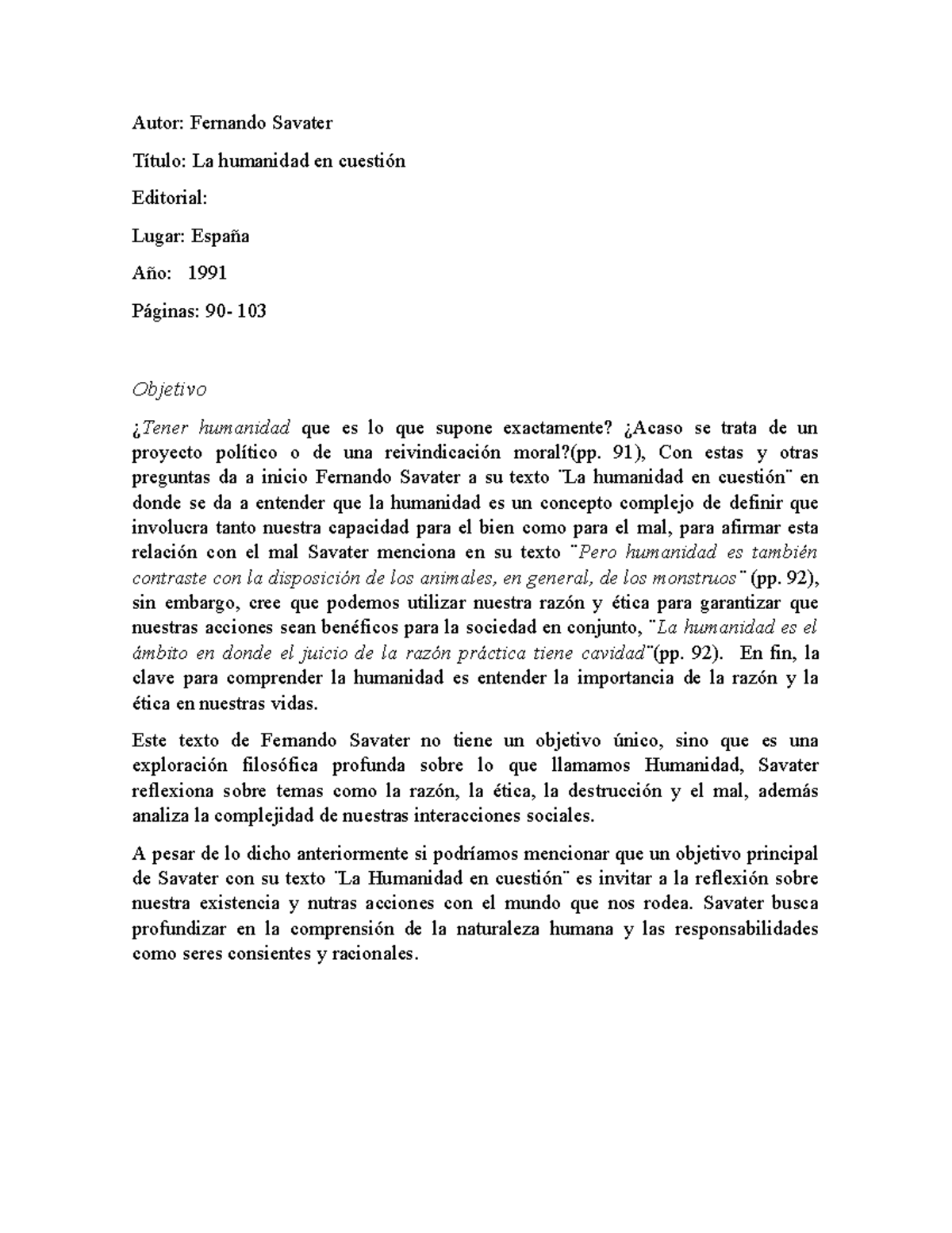 Socio II - Taller de Estudio sobre la Humanidad de Savater - Studocu