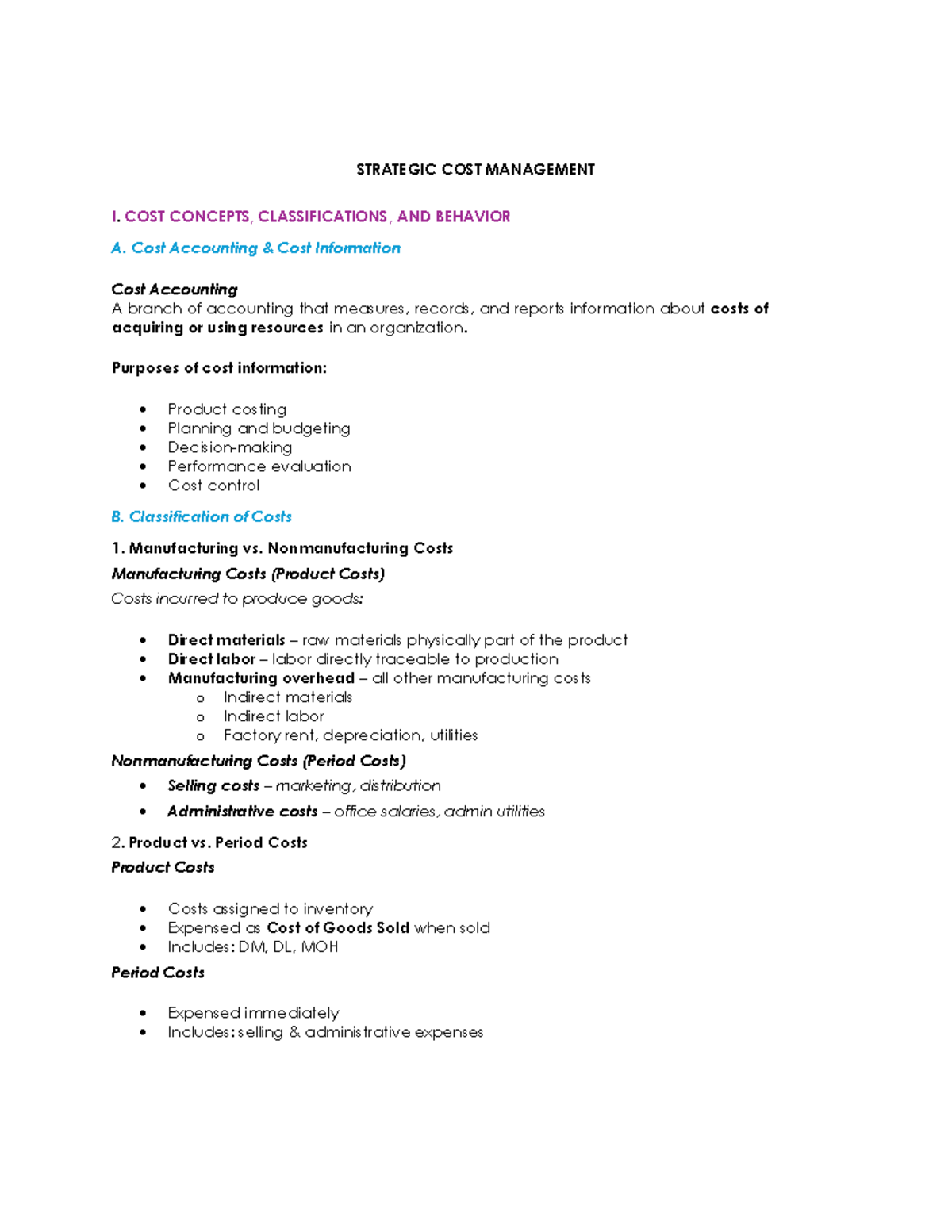 SCM 101: Strategic Cost Management Review for Chapters 1 & 2 - Studocu