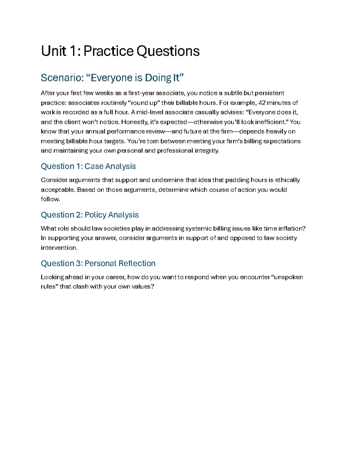 Unit 1: Practice Questions on Ethical Billing Practices - 2025 - Studocu