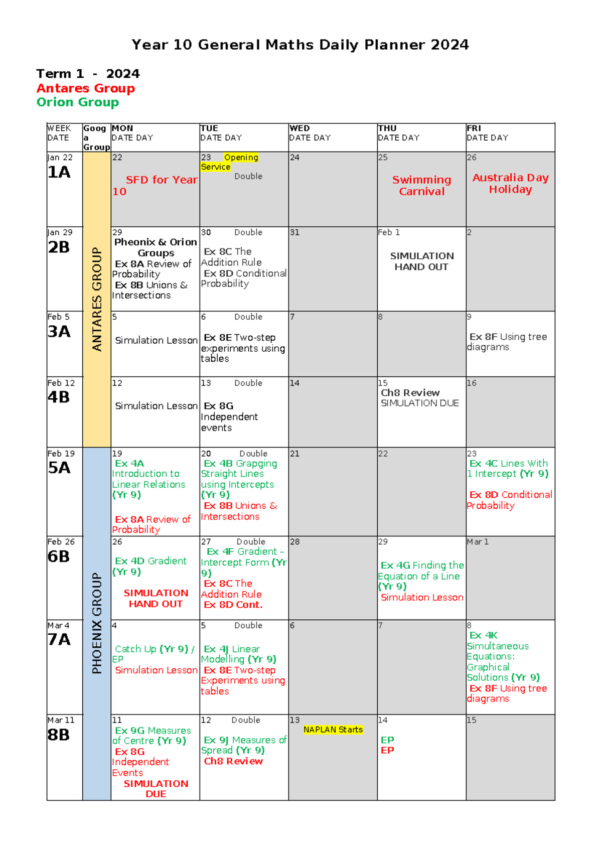 Year 10 General Maths Daily Planner S1 2024 - Studocu