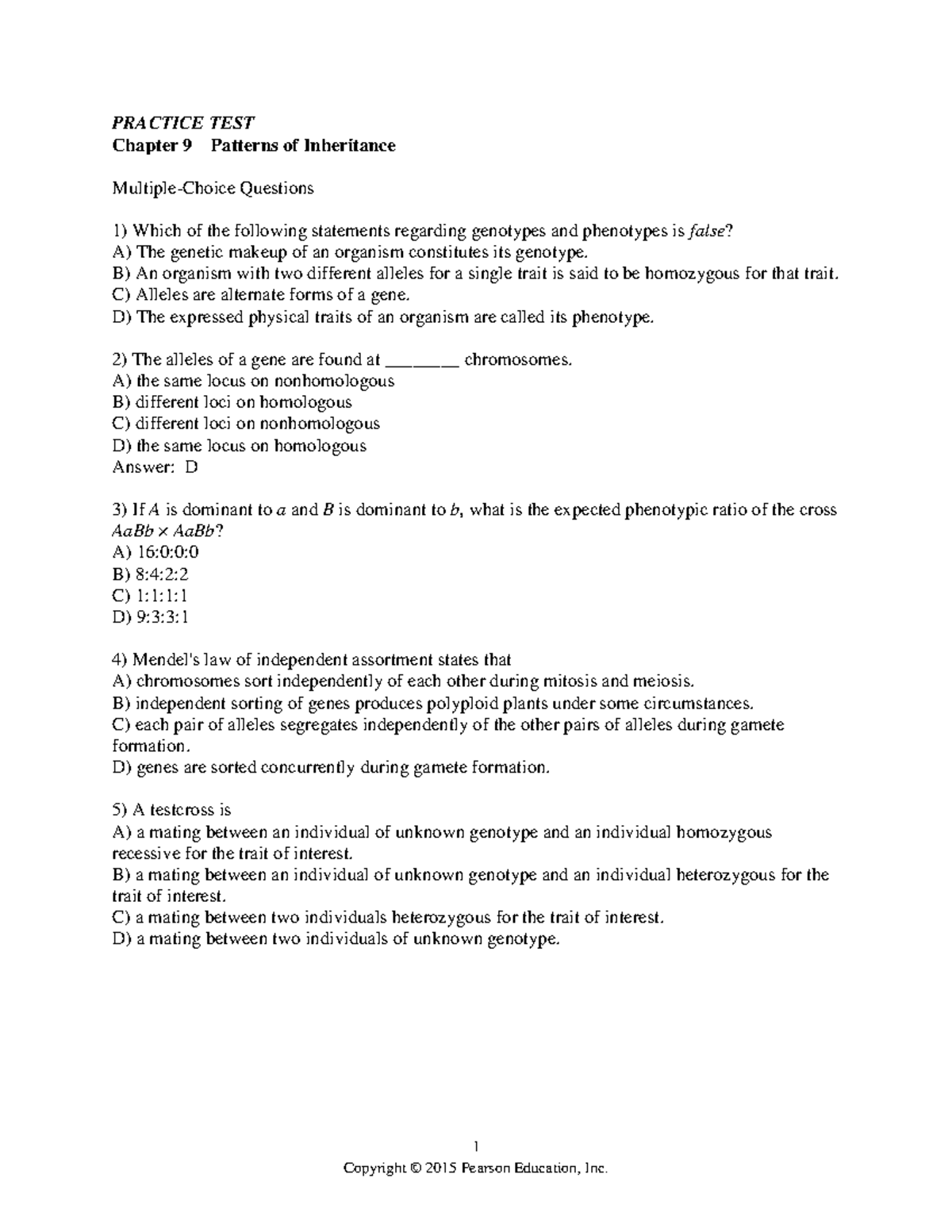Bio Practice Test Genetics - 1 PRACTICE TEST Chapter 9 Patterns of ...