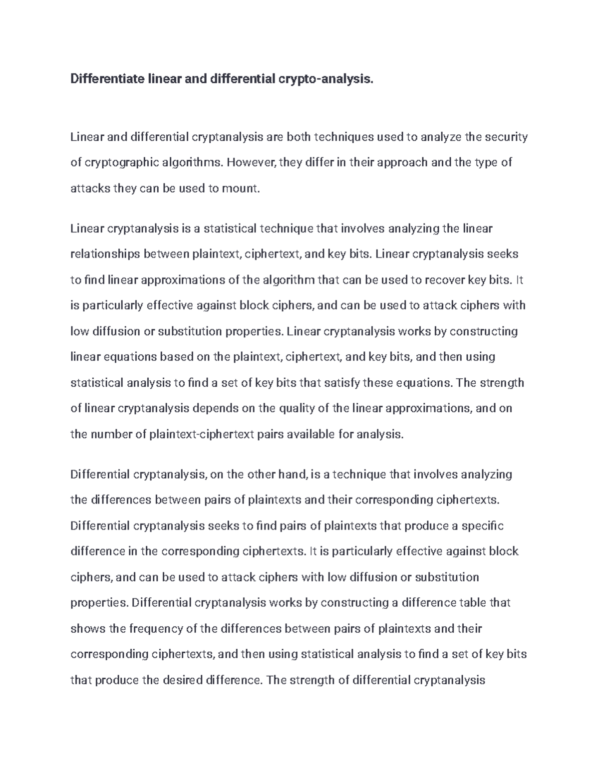 Differentiating Between Linear and Differential Crypto-Analysis Techniques  - Studocu