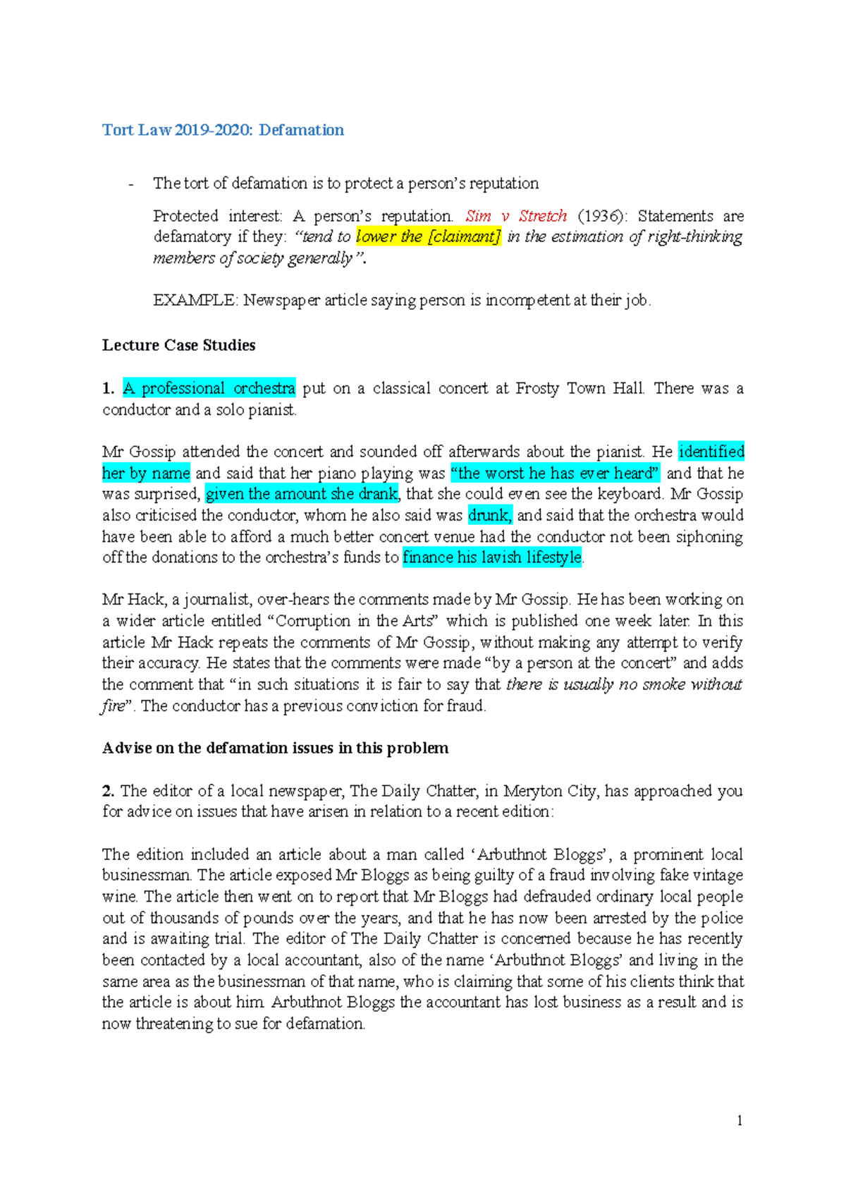 Tort Law 2019-2020: Lectures on Defamation and Case Studies - Studocu