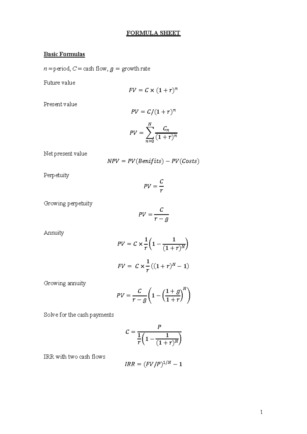 Formula Sheet NEK106 V24 - FORMULA SHEET Basic Formulas n = period, C ...