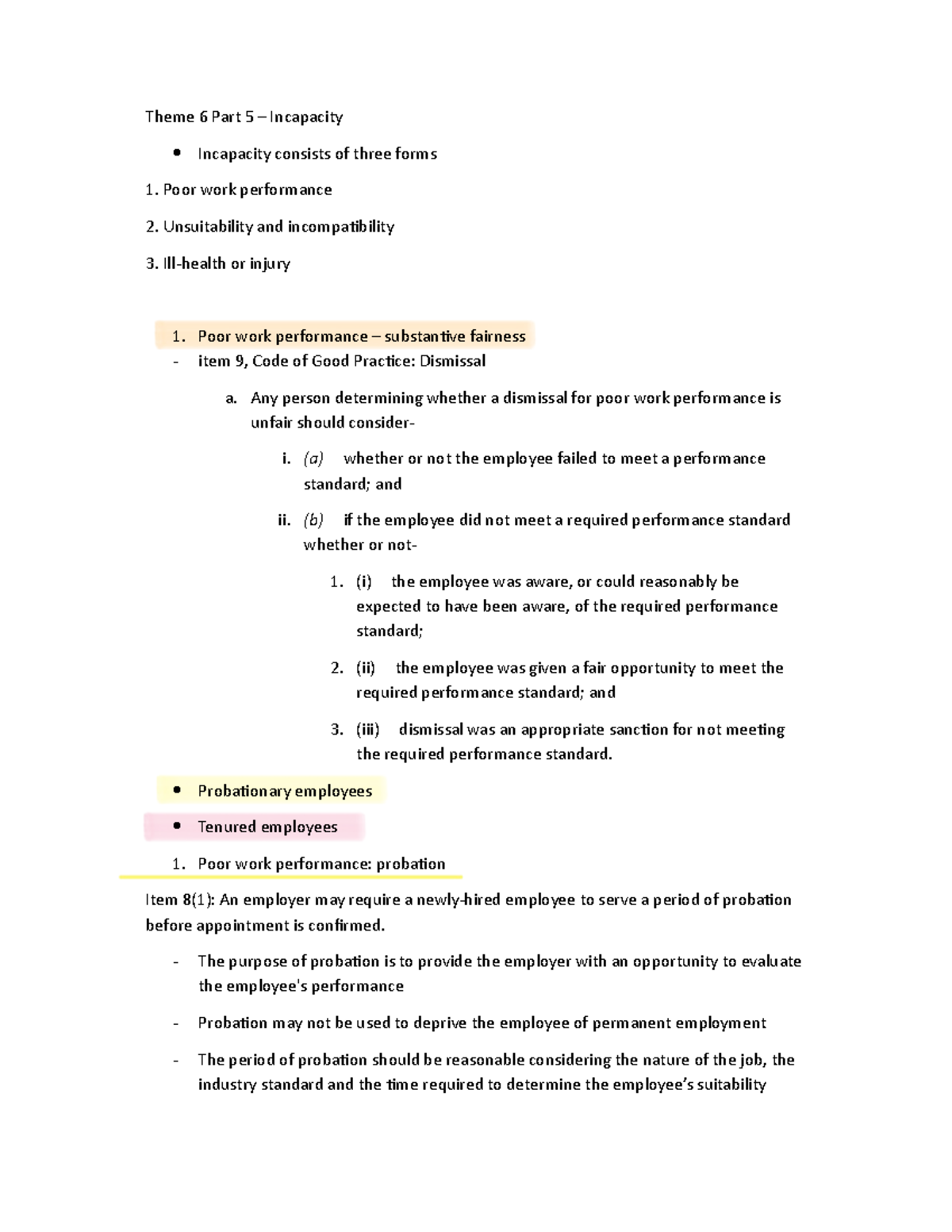 Theme 6 Part 5 - Lecture Notes on Incapacity and Dismissal - Studocu
