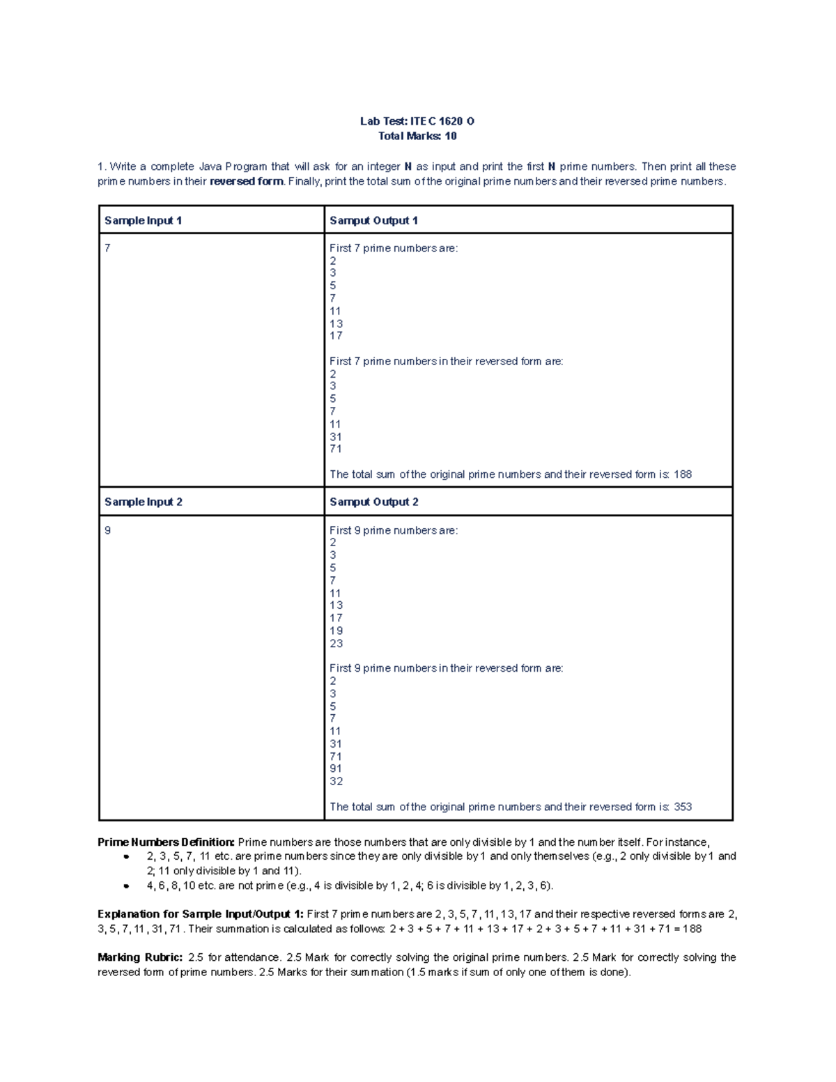 Lab Test ITEC 1620 O (2) - Java Prime Numbers Calculation - Studocu