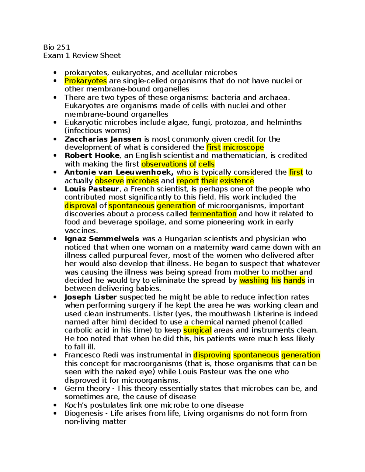 Bio 251: Exam 1 Comprehensive Review Sheet and Key Concepts - Studocu