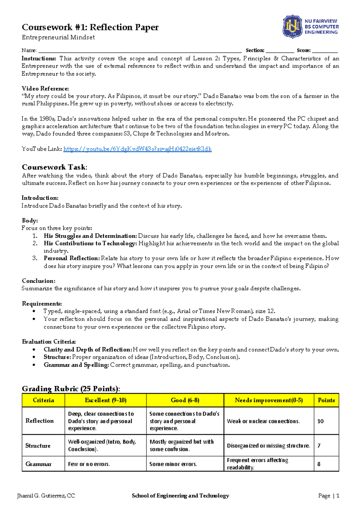 Coursework 1 Reflection Paper - Jhamil G. Gutierrez, CC School of ...