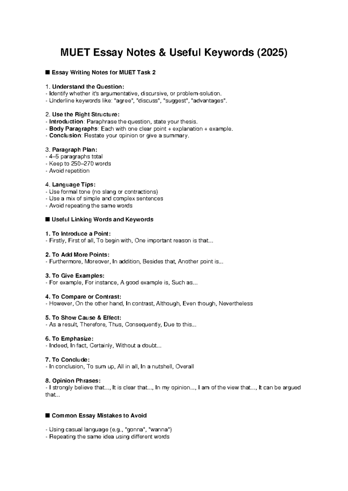 MUET Essay Writing Notes & Keywords for Task 2 (2025) - Studocu