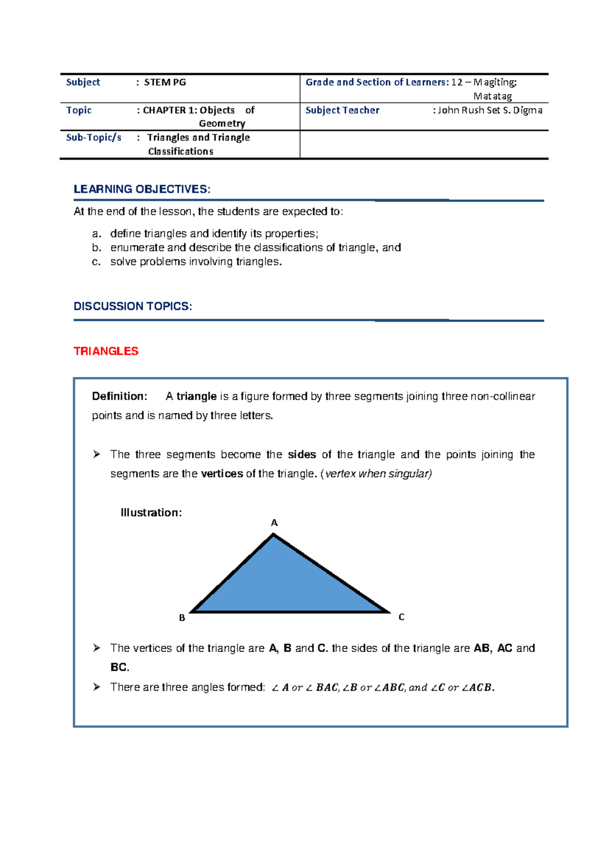 STEM PG 12: Plane Geometry Chapter 1 - Study on Triangles and ...