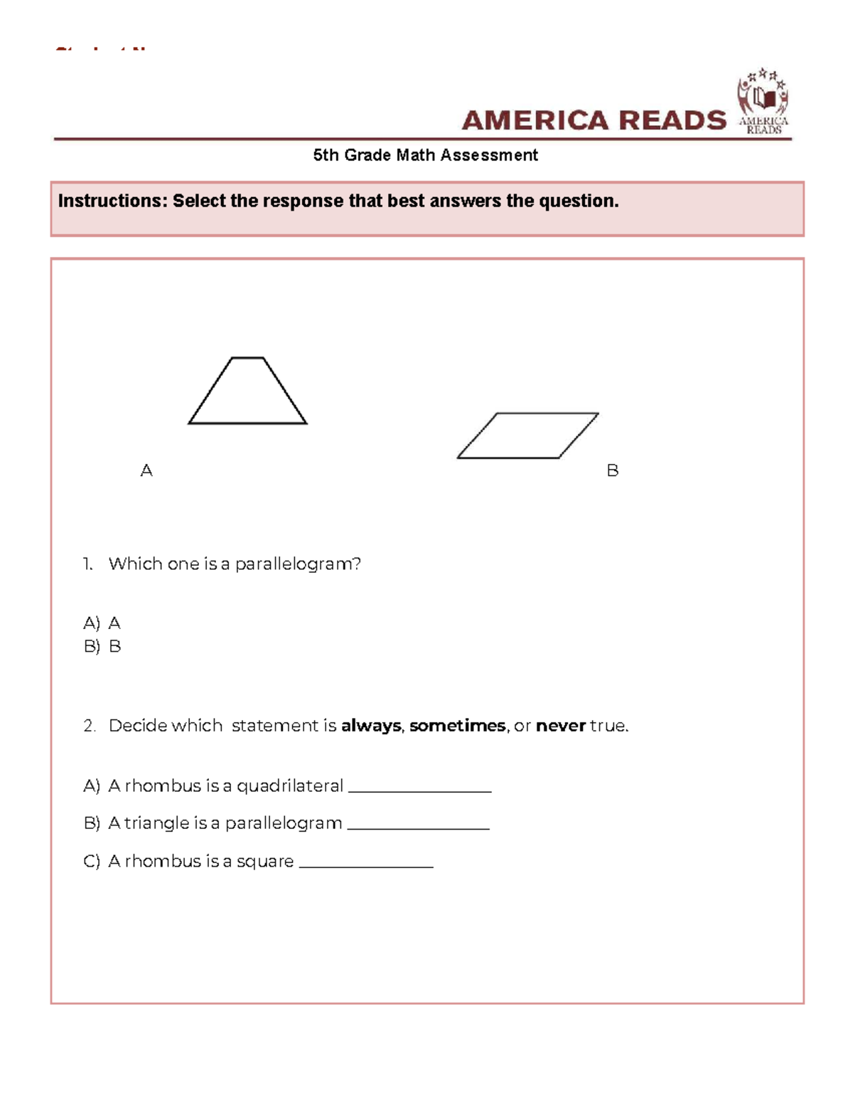 Math 5th Grade Post-Test Assessment - Student Name: Tutor Name: 5th ...