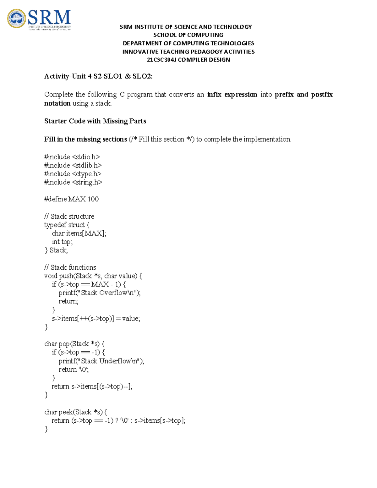 21CSC304J Compiler Design: Infix to Prefix & Postfix Conversion Guide ...