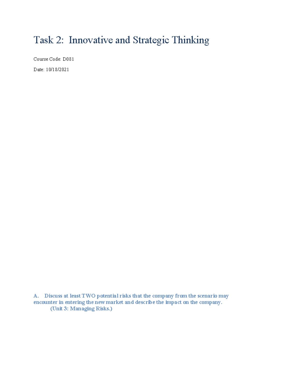 D081 Task 2: Strategic Risks and Recommendations in New Market Entry ...