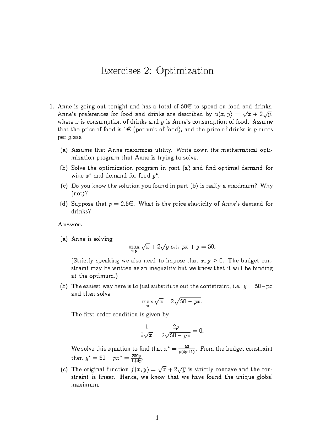 Optimization Problem Exercises for Course ECON 102 - Studocu