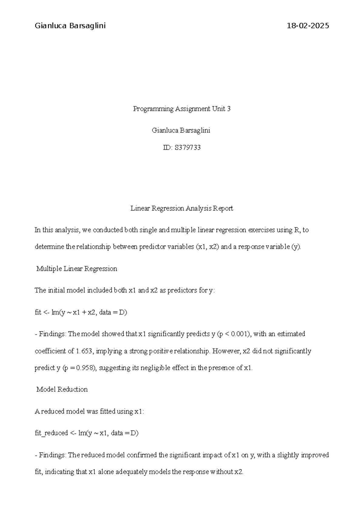 Linear Regression Analysis Report - Programming Assignment Unit 3 - Studocu