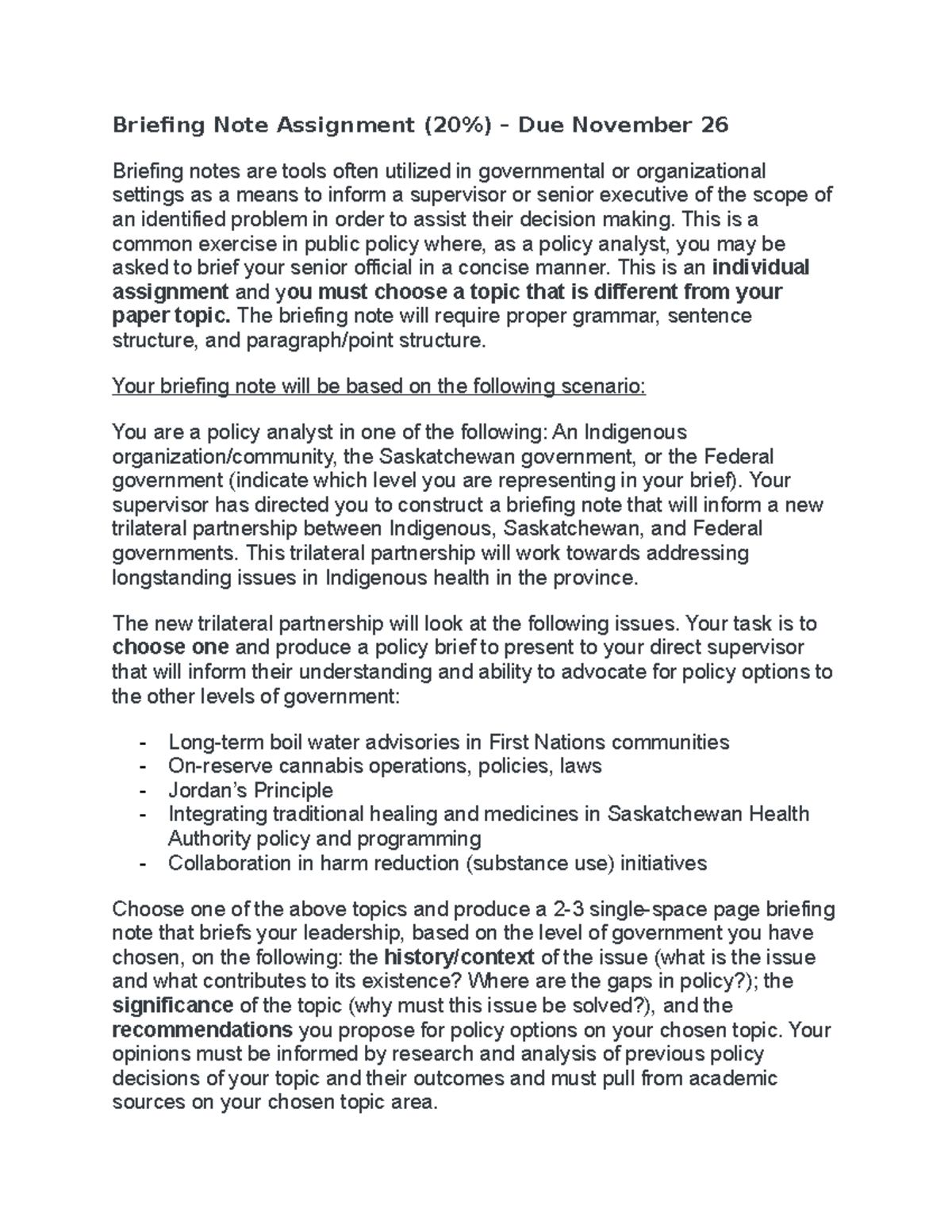 POL 301: Briefing Note Assignment on Indigenous Health Issues - Studocu