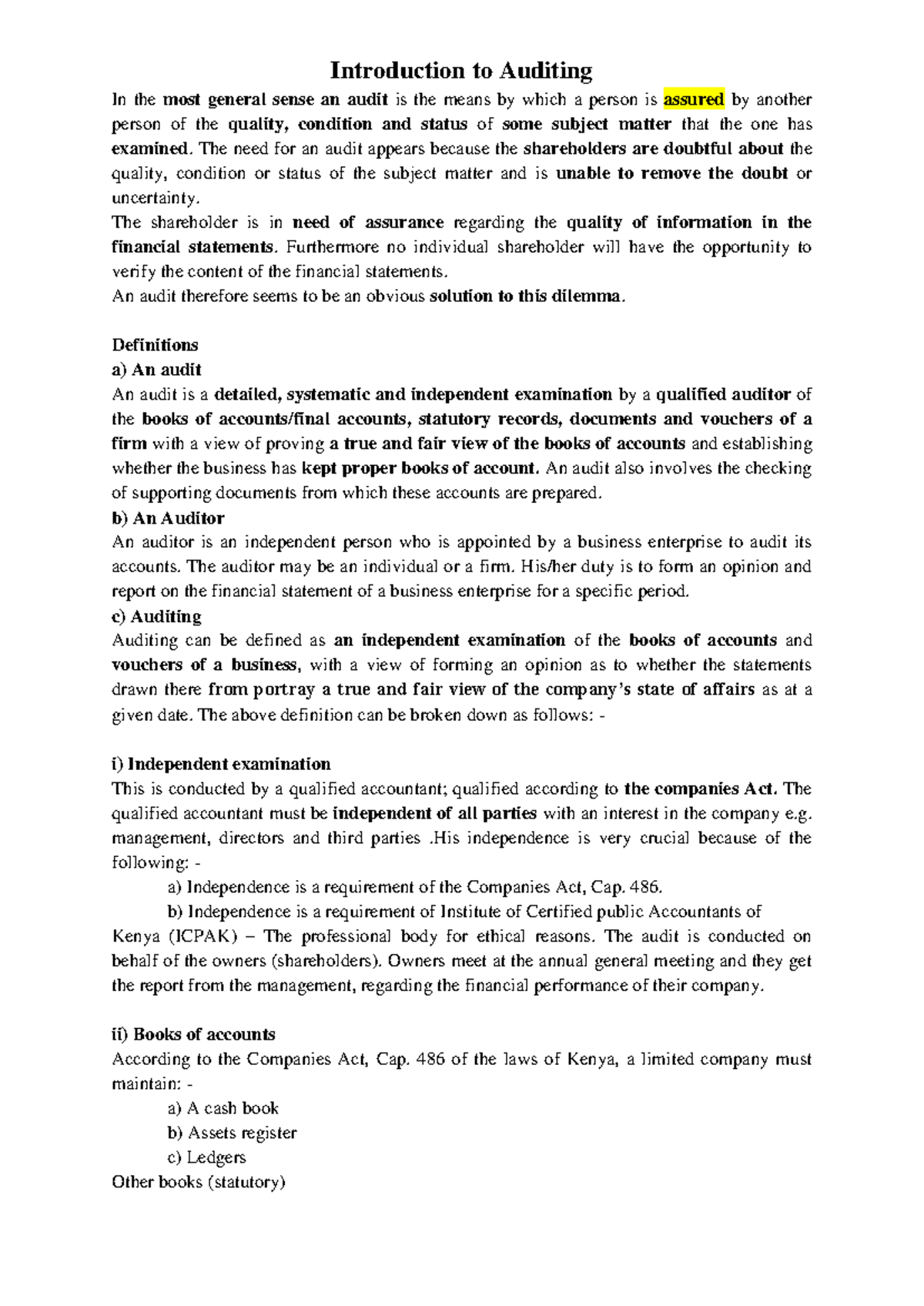 Introduction to Auditing: Key Concepts and Principles - Studocu