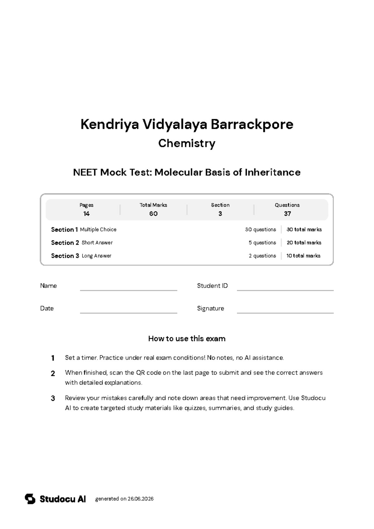 NEET Mock Test: Molecular Basis of Inheritance - Studocu