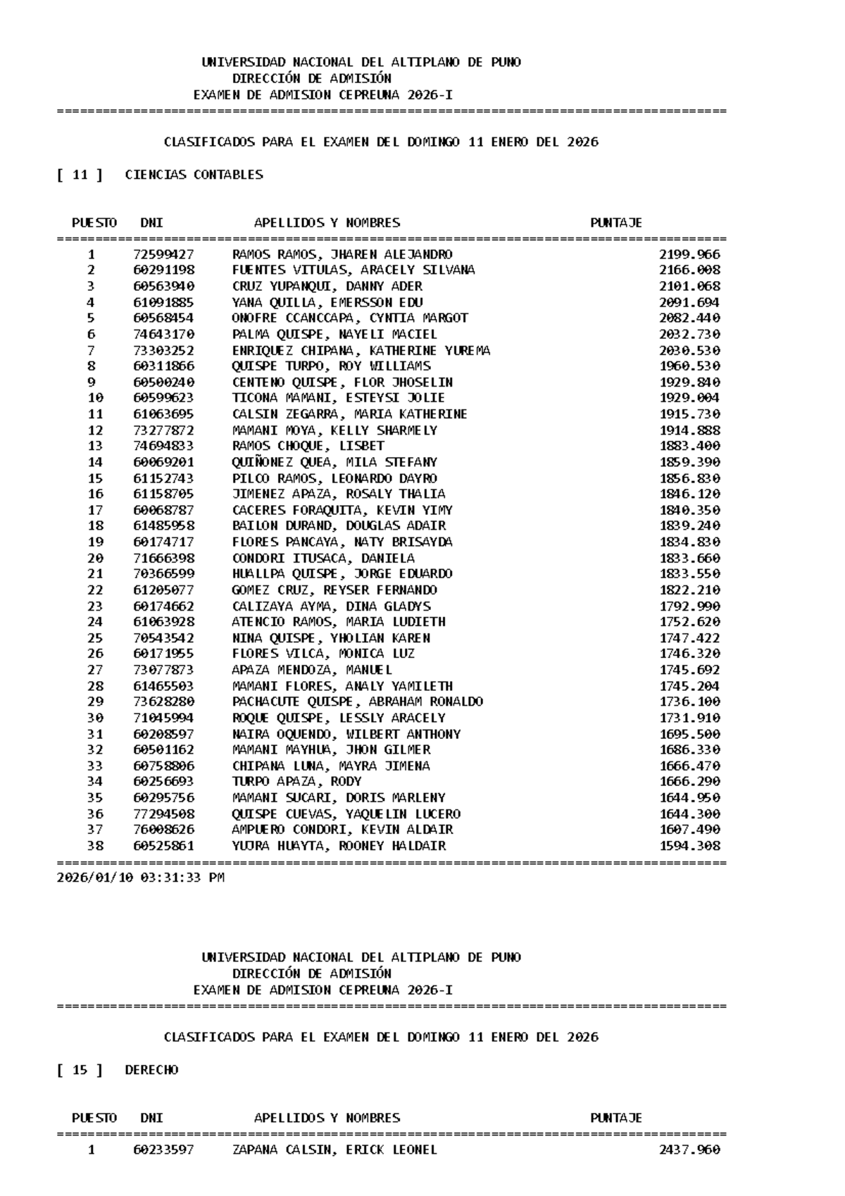 Clasificados Examen de Admisión CEPREUNA 2026-I - Universidades - Document Preview