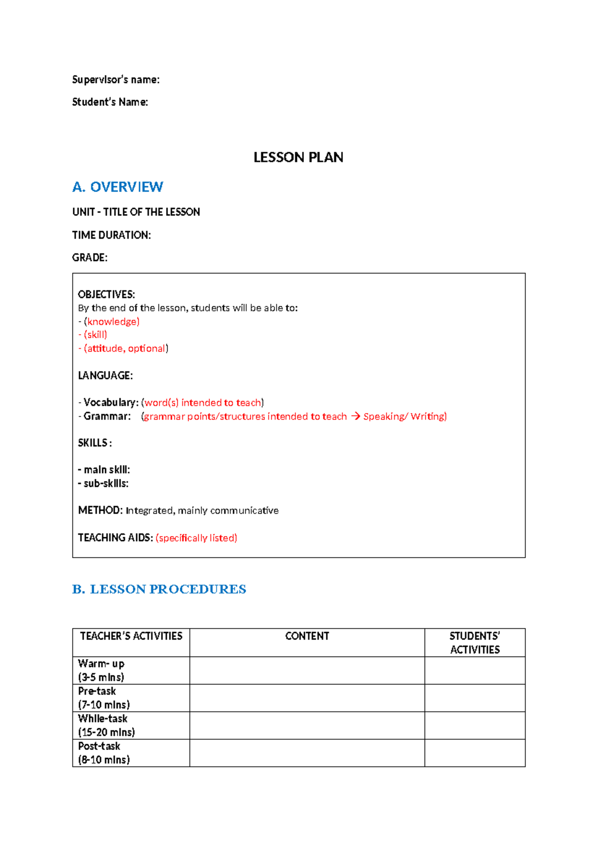Format Lesson plan (gui SV) - Supervisor’s name: Student’s Name: LESSON ...