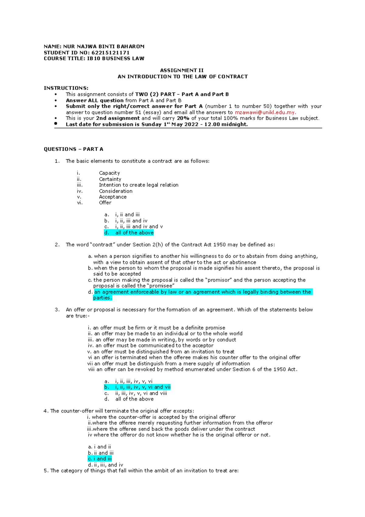 Assignment 2: Law of Contract - IB10 Business Law Analysis - Studocu