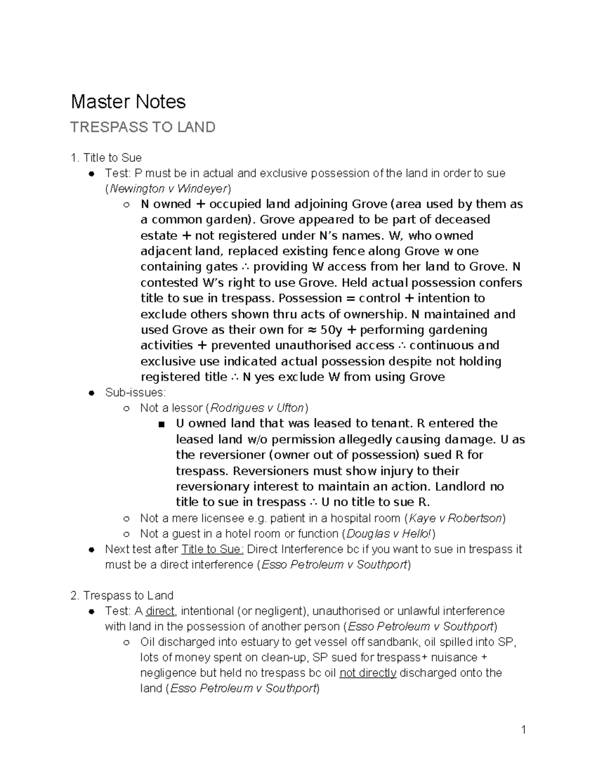 Master Notes TCII - Summary of Trespass to Land and Nuisance Law - Studocu