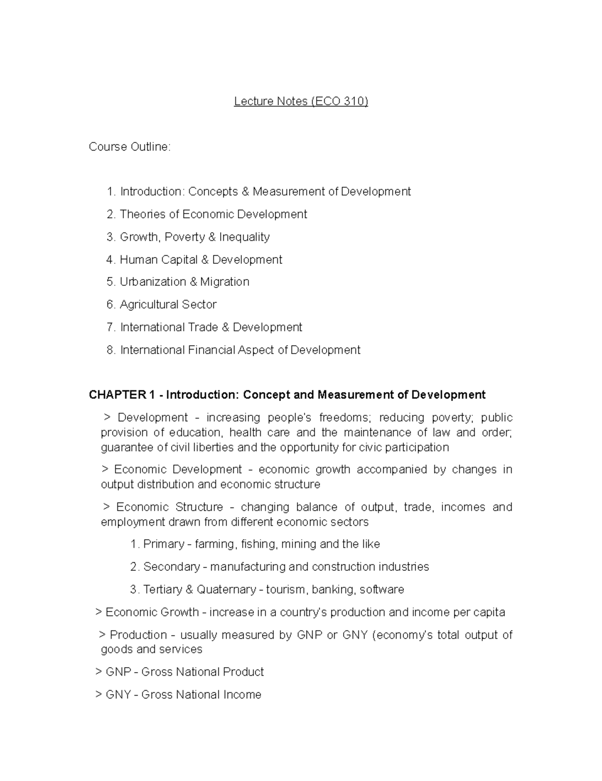 ECO 310 Lecture Notes: Ch. 1 - Concepts & Measurement of Development ...