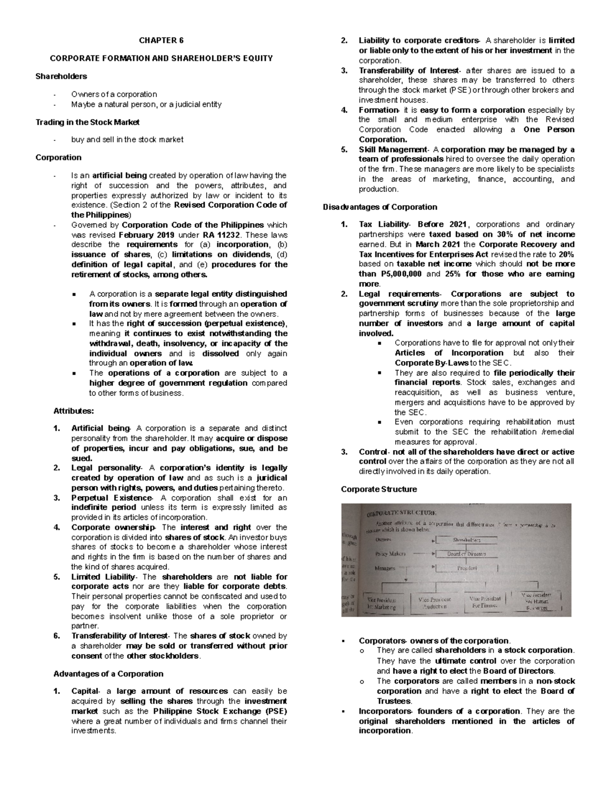 Corporate Formation & Shareholder Equity Notes (LAW 101) - Studocu