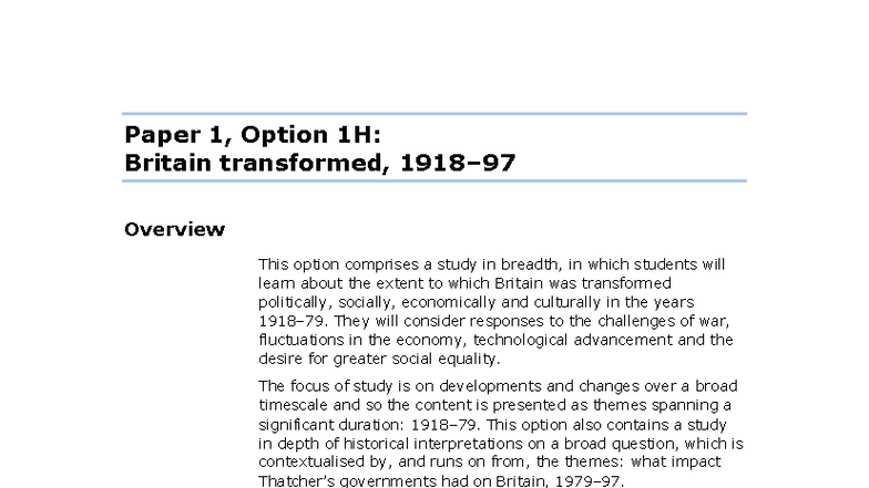 A Level History Specification: Britain Transformed Overview - Studocu