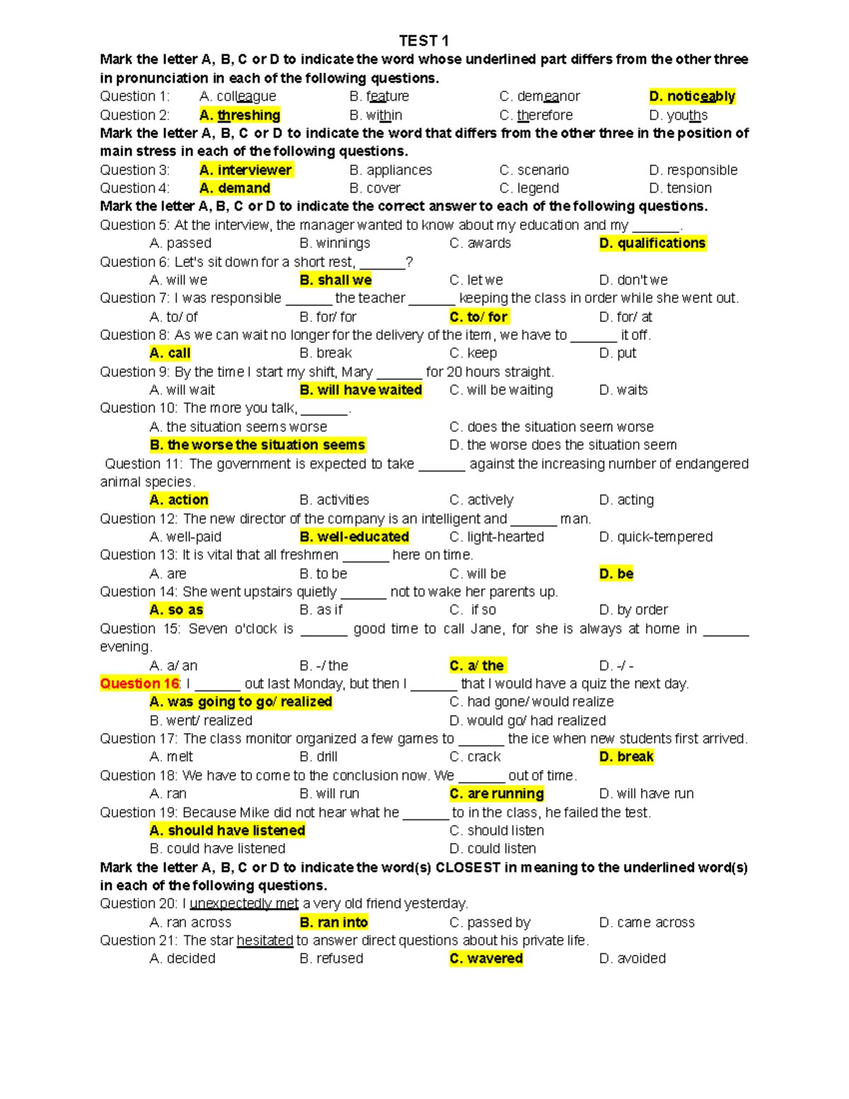 KEY TEST 1 - Pronunciation and Stress Practice Questions - Studocu
