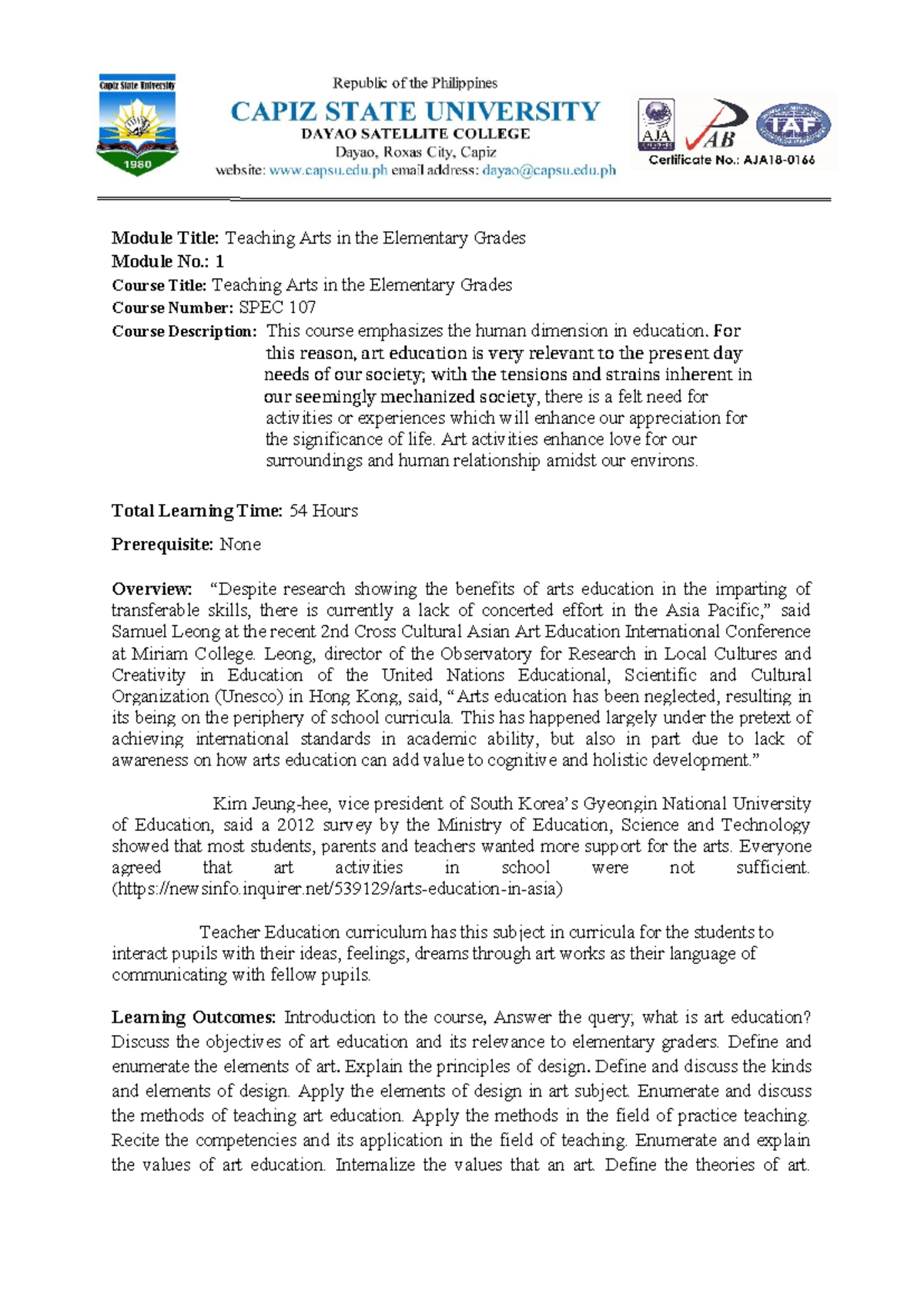Module 1: Teaching Arts in Elementary Grades - SPEC 107 Overview - Studocu