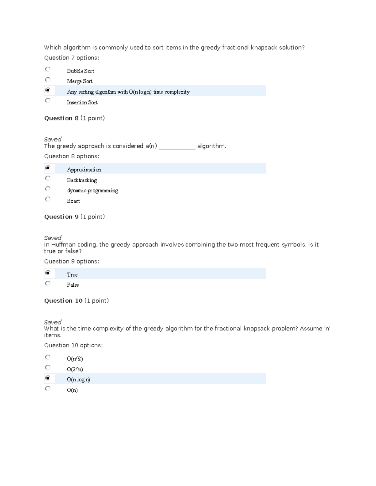 Graded 2 - Quiz U3: Greedy Algorithms and Sorting Techniques - Studocu